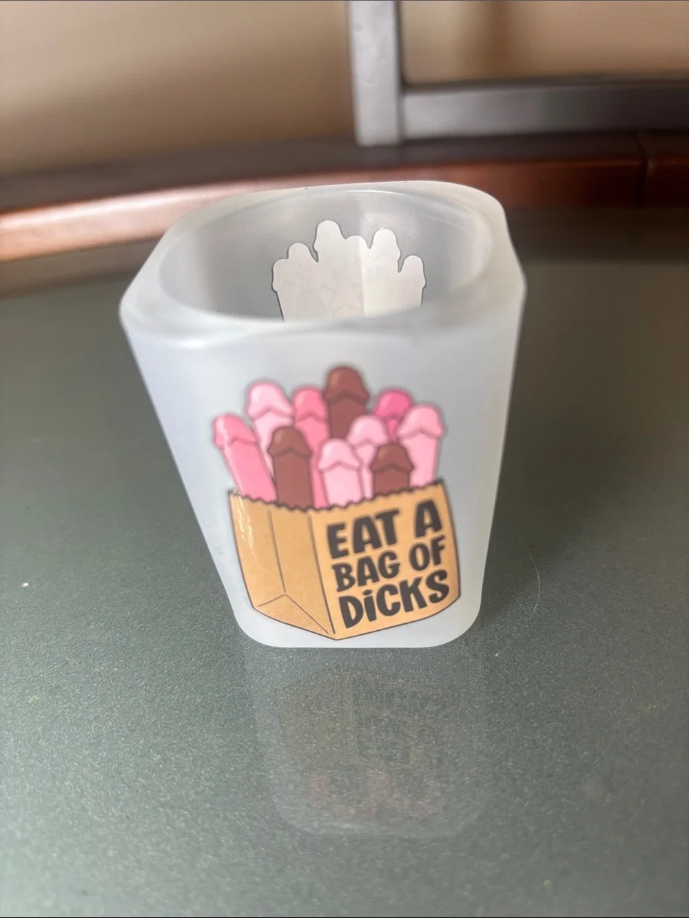Novelty 'Eat a Bag of Dicks' Frosted Shot Glass - Pink & Brown Design